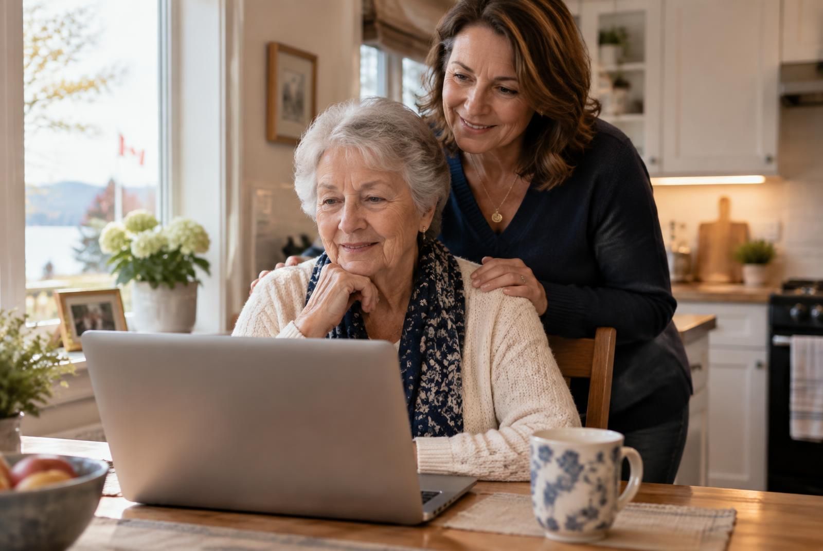 An older woman and her adult daughter taking part in a live online fraud practice session at their kitchen table