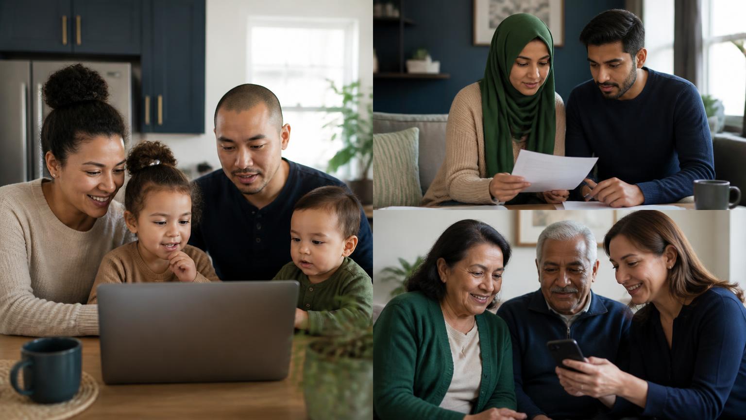 Canadian households of different ages and backgrounds reviewing their fraud protection together at home