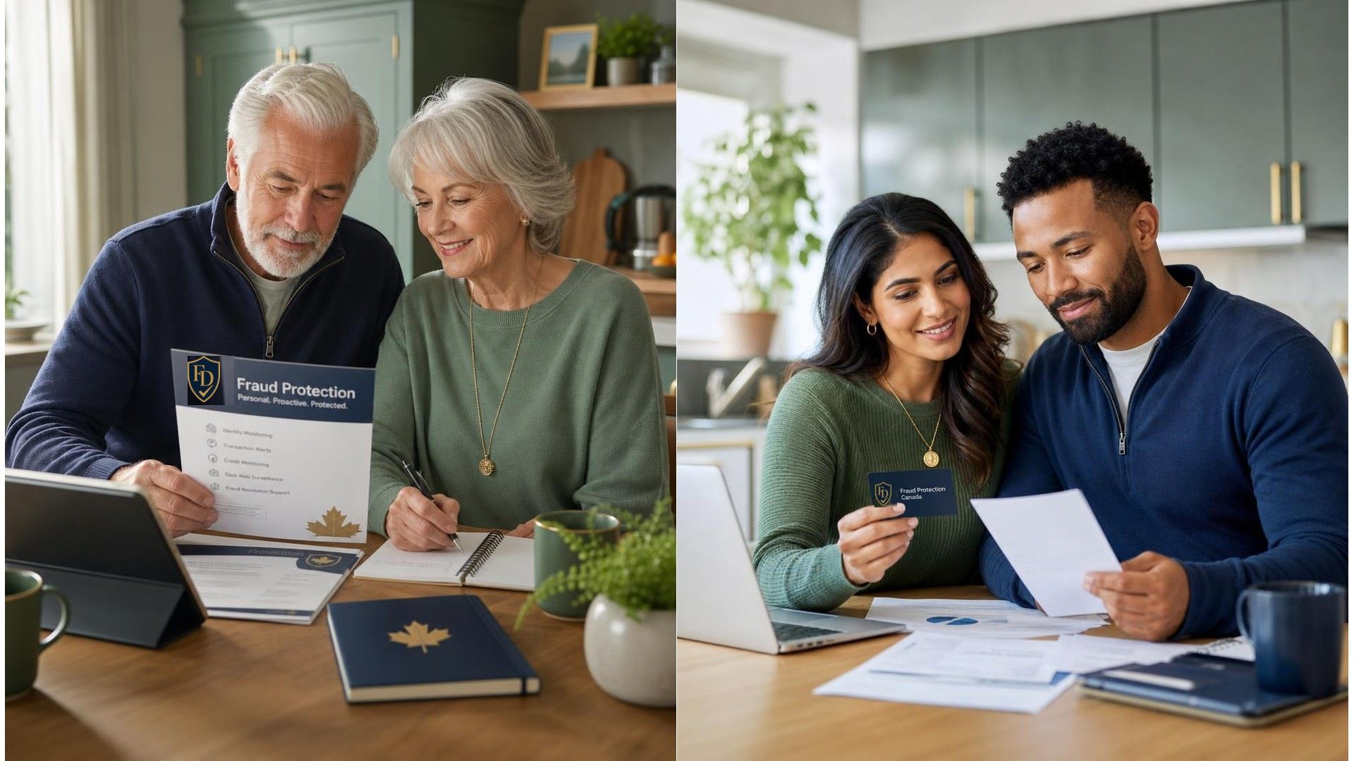 Diptych of two Canadian households reviewing fraud protection materials: a senior couple with papers and a tablet, and a newcomer couple at a laptop — no children